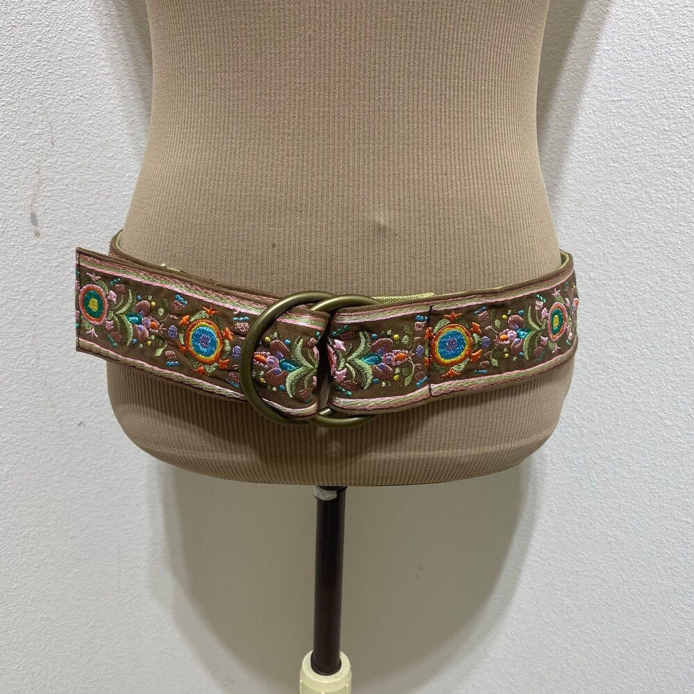Embroidered Needle Work Brown W/ Multicolor Design D Rings Buckle Belt Size
30